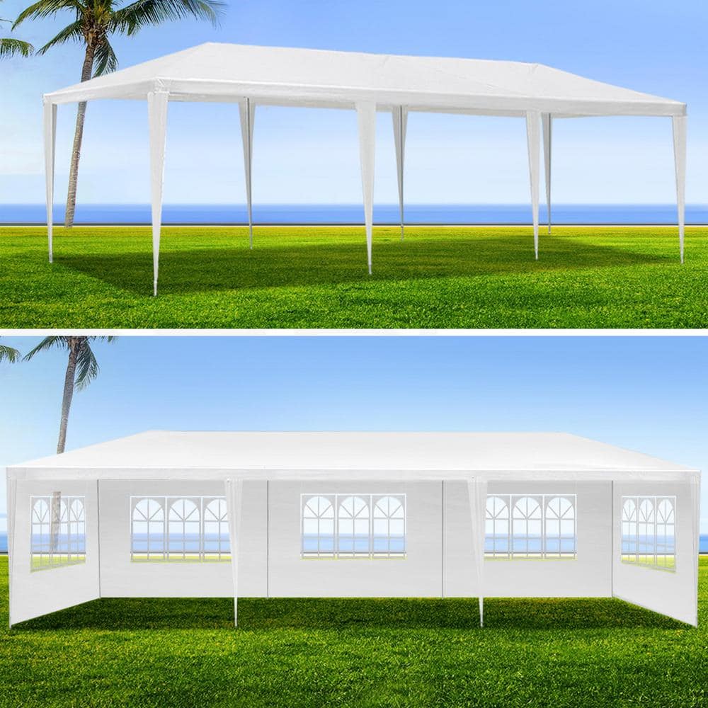 White 10' x 30' Steel Frame Outdoor Party Canopy Tent with Sidewalls