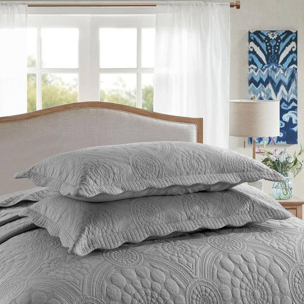 Light Grey Cotton Queen Oversized Quilt Bedspread Set