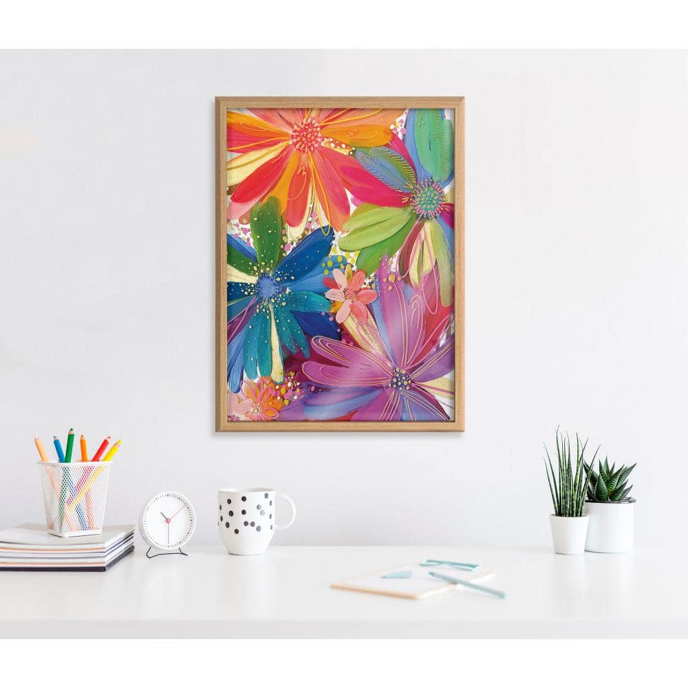 Colorful Tropical Floral Print on Glass with Natural Frame