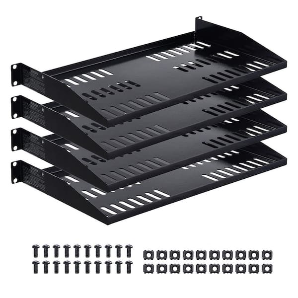 1U Server Rack Shelf, 4-Pack,10-In. Depth, 50 lbs. Load Capacity, Vented Cantilever Design, Wall or Rack Mountable