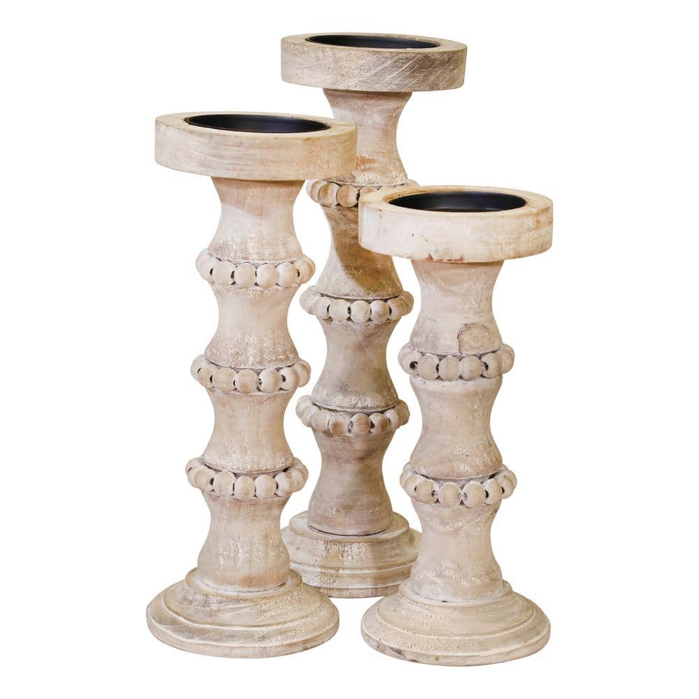 Ivory Distressed Wood Pillar Candle Holder with Beads