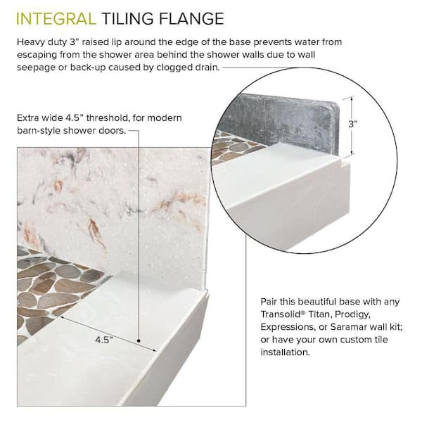 Transolid Pre-Tiled 60 in. L x 36 in. W Alcove Shower Pan Base with  Right-Hand Drain in Off-White Hexagon FPT6036R-HO - The Home Depot