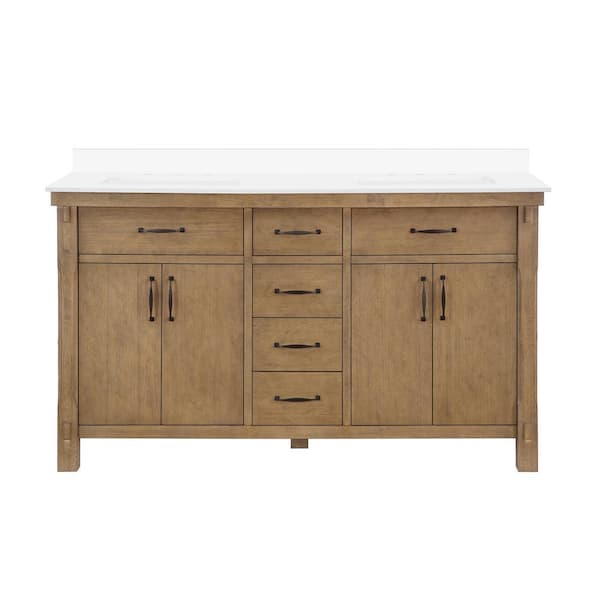 Bellington 60 in. Double Sink Almond Toffee Bath Vanity with White Engineered Stone Top (Assembled)