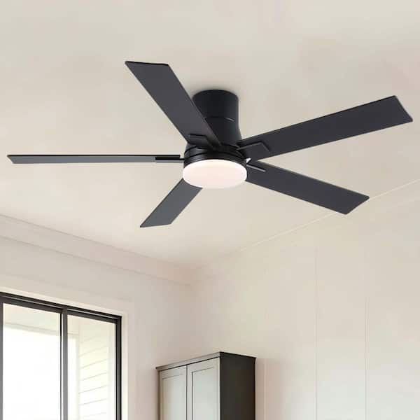 Amice 52 in. Indoor Matte Black Standard Flush Mount Ceiling Fan with Integrated LED, Quite DC Motor and Remote Control