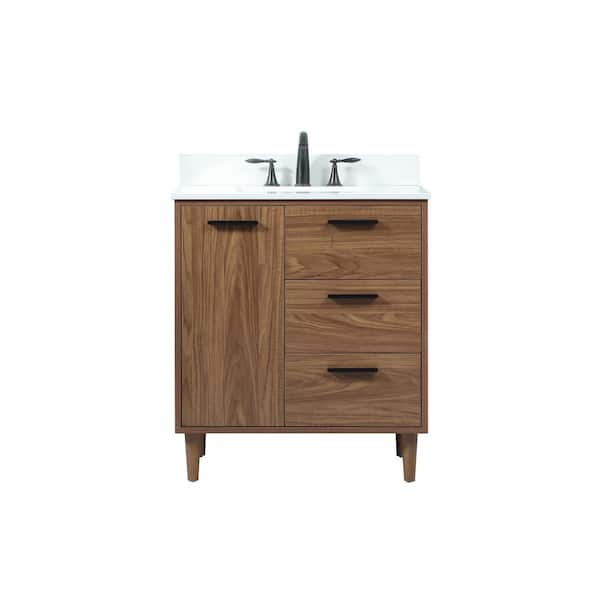 Unbranded Simply Living 30 in. W x 19 in. D x 34 in. H Bath Vanity in Walnut Brown with Ivory White Engineered Marble Top
