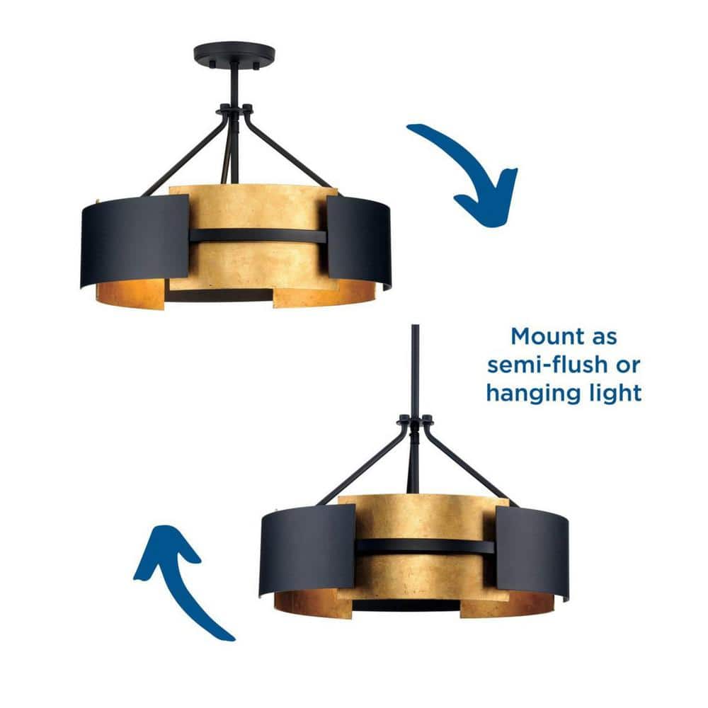 Gold and Black Drum 3-Light Semi-Flush Mount Ceiling Light