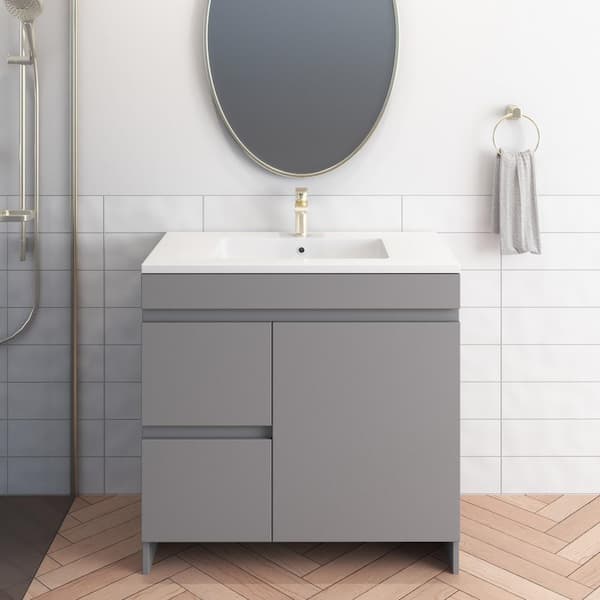 VOLPA USA AMERICAN CRAFTED VANITIES Mace 36 in. W x 20 in. D Single Sink Bathroom Vanity Left Side Drawers In Grey With Acrylic Integrated Countertop