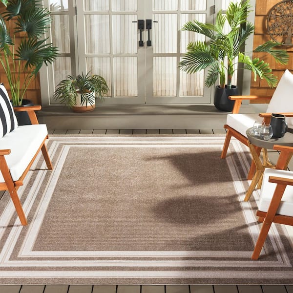 Cabana Dark Beig/Ivory 7 ft. x 7 ft. Striped Border Square Indoor/Outdoor Area Rug