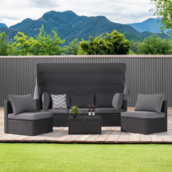 BFB 4-Piece Patio Wicker Daybed Set with Retractable Canopy and Versatile Coffee Table