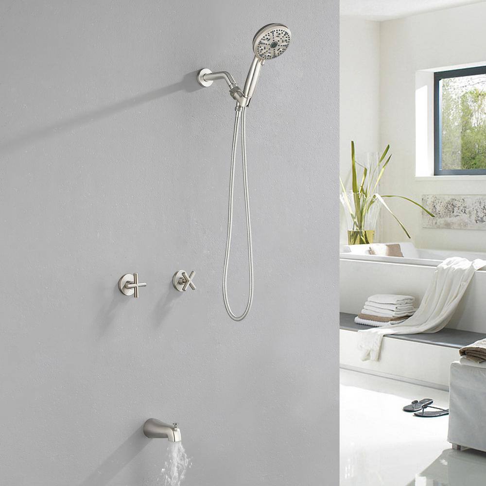 Brushed Nickel Dual Handle Rain Shower Faucet Set with Handheld