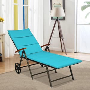 Adjustable Height Folding Patio Rattan Outdoor Lounge Chair Chaise Cushioned Aluminum Wheel with Turquoise Cushion
