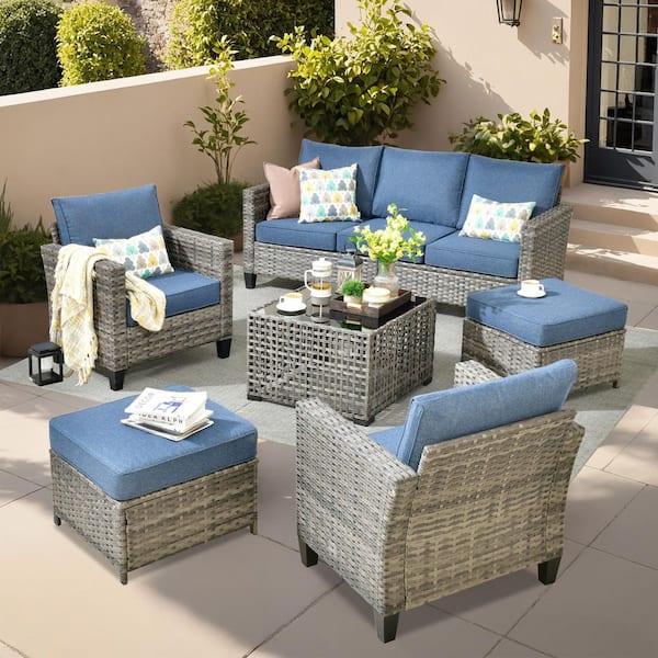 Scarlet 6-Piece Wicker Outdoor Furniture Patio Conversation Sofa Set with a Solar Lighted Table and Denim Blue Cushions