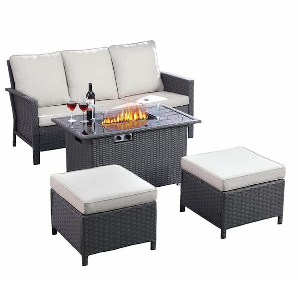 Unbranded 4-Piece Wicker Outdoor Sectional Seating Patio Conversation Set with Beige Cushion and Fire table
