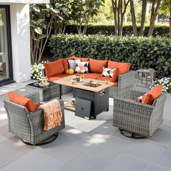 Toject Sanibel Gray 9-Piece Wicker Outdoor Patio Conversation Sofa Set with a Storage Fire Pit and Orange Red Cushions