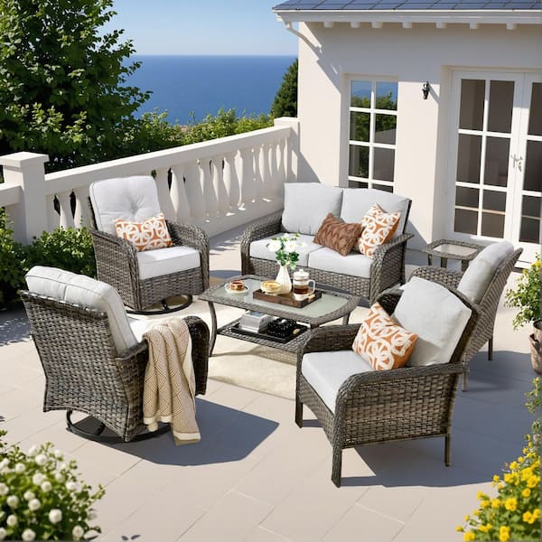Noah Gray 7-Piece Wicker Outdoor Patio Conversation Comfortable Sofa Set with Swivel Chairs and Grey Cushions