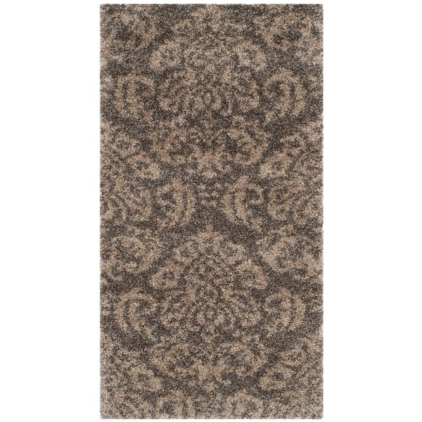 SAFAVIEH Florida Shag Smoke/Beige Doormat 2 ft. x 4 ft. Floral Medallion Area Rug