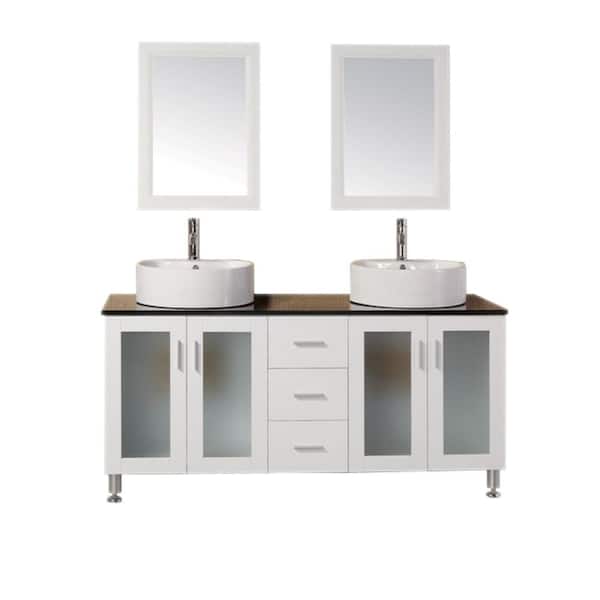 Design Element Malibu 60 in. W x 22 in. D Double Vanity in White with Tempered Glass Vanity Top and Mirror in Black