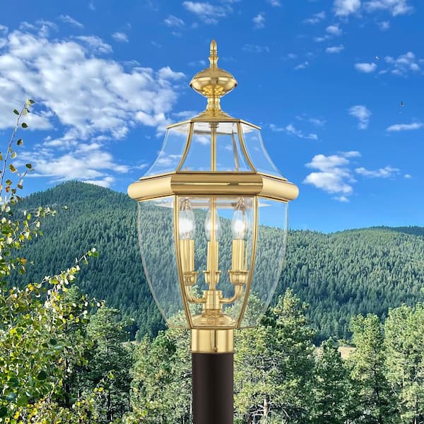 Aston 23.5 in. 3-Light Polished Brass Cast Brass Hardwired Outdoor Rust Resistant Post Light with No Bulbs Included
