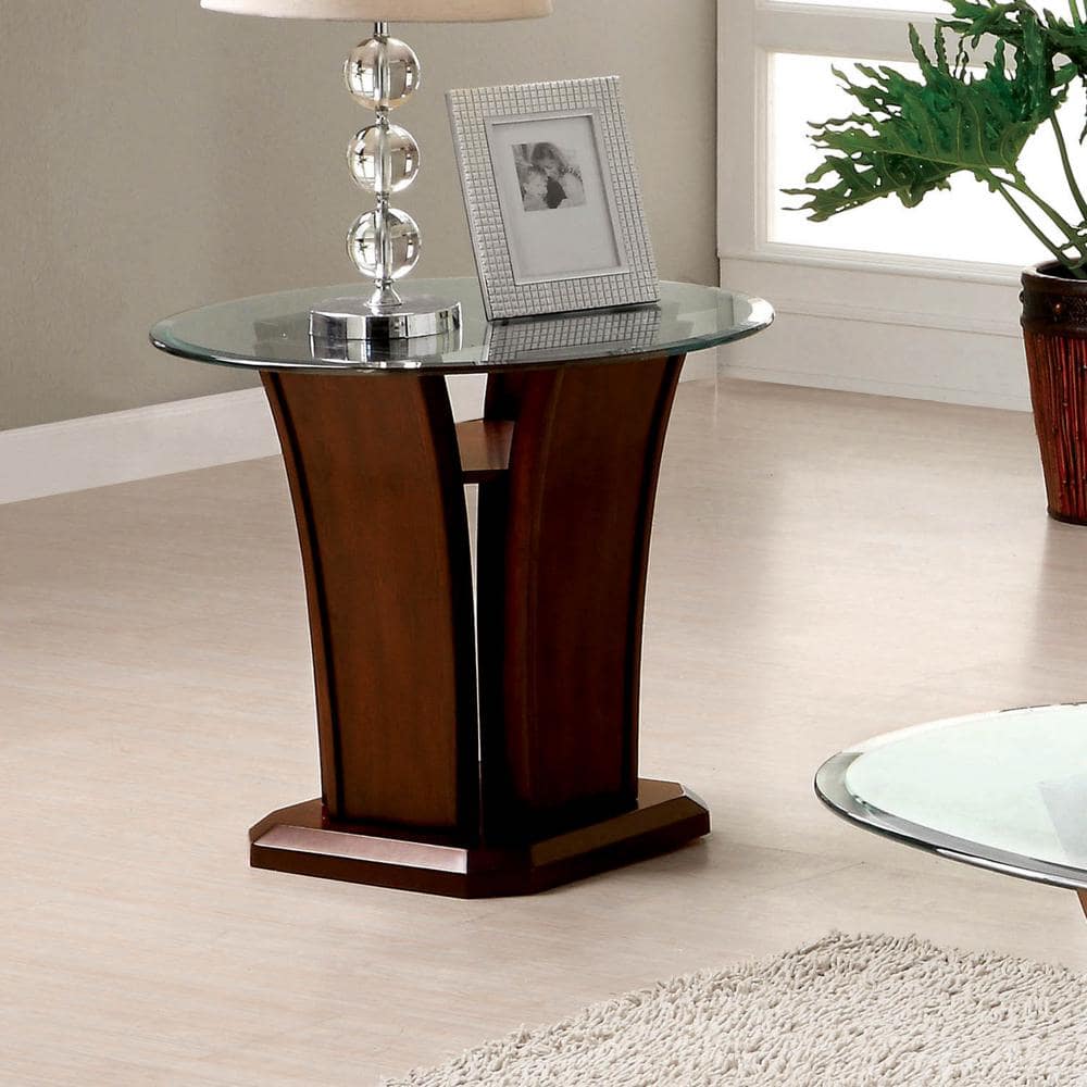 Ali 26" Brown Cherry Wood and Glass Round End Table