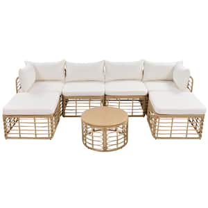GO 7 Pieces Beige Wicker Outdoor Sectional Set with Beige Thick Cushions and Pillows, Freely Combined Sets.