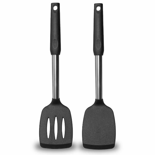 Black Silicone Stainless Steel Handle Solid and Slotted Spatula Set Nonstick Heat Resistant Turner 2 Pack