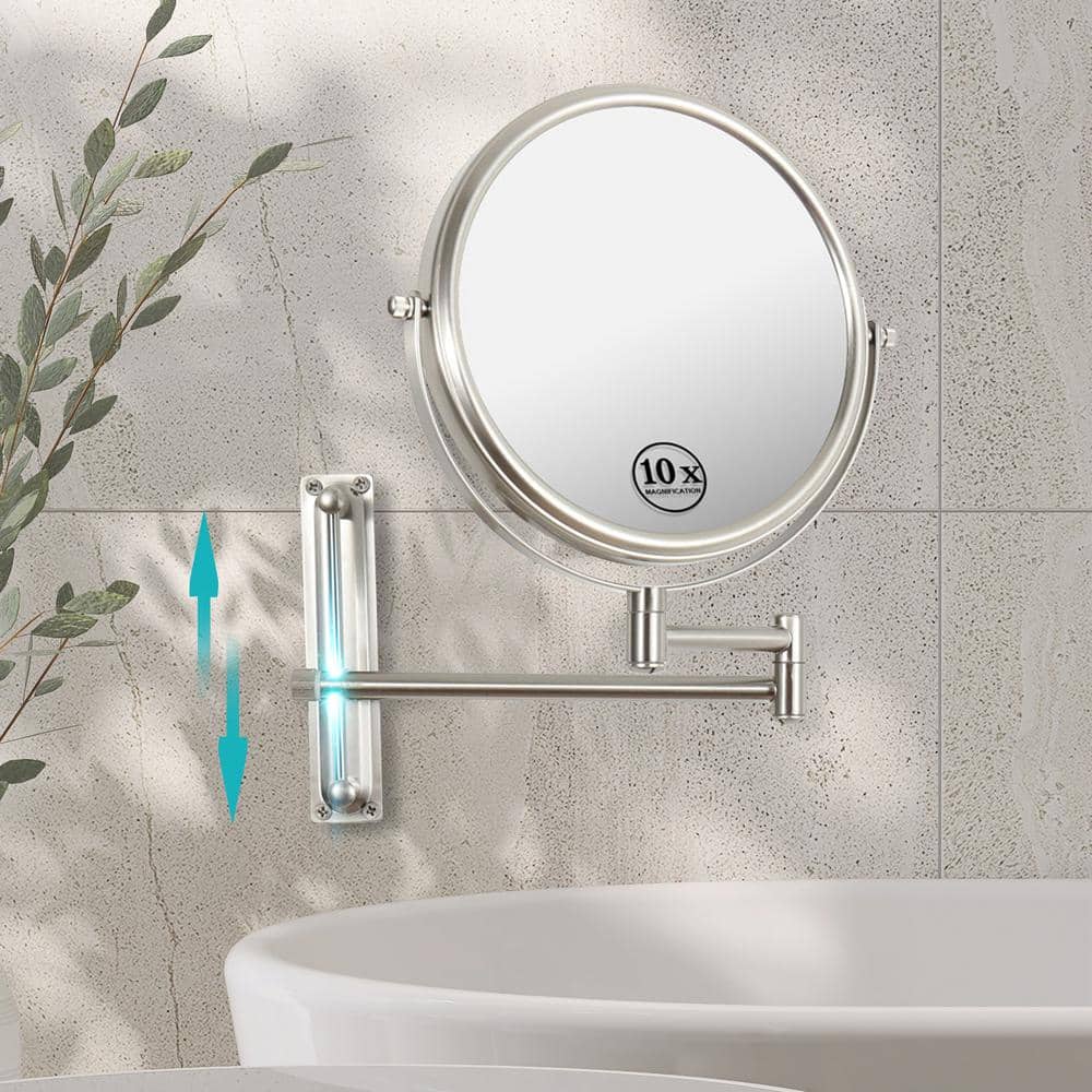 8 in. W x 8 in. H Round 10 Magnifying Height Adjustable Telescopic Wall Mounted Bathroom Makeup Mirror in Nickel