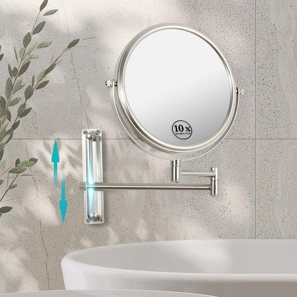YULIKA 8 in. W x 8 in. H Round 10 Magnifying Height Adjustable Telescopic Wall Mounted Bathroom Makeup Mirror in Nickel