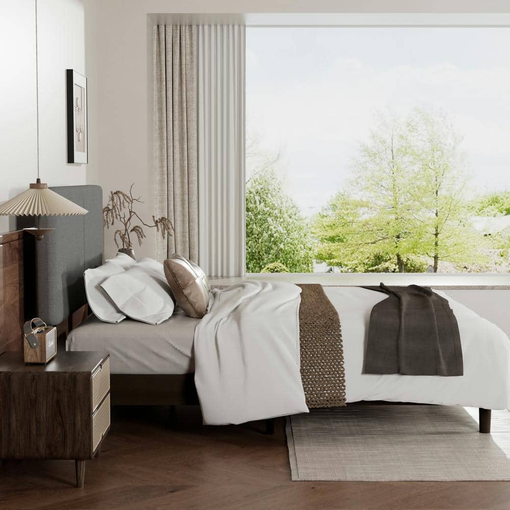 Upholstered Bed Frame with Linen Fabric Headboard, Strong Wood Slats Supports Platform Bed, Queen Size Bed, Beige - thumbnail 3
