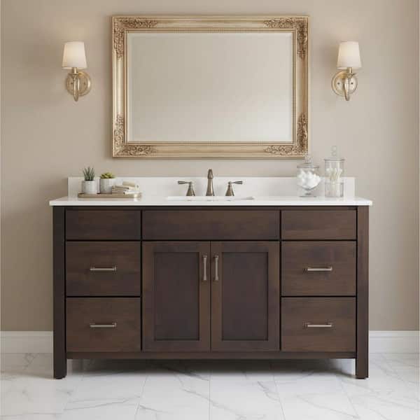 Kingham 61 in. Single Sink River Rock Brown Freestanding Bath Vanity with Golden Carrara Quartz Top Assembled