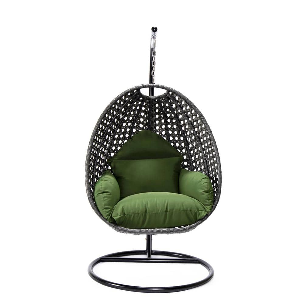 Charcoal Wicker Hanging Egg Chair with Dark Green Cushions