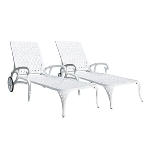 White Aluminium Cast Outdoor Lounge Chair Set of 2 Adjustable Backrest Rolling Wheels All-weather Cross Weave Polyester