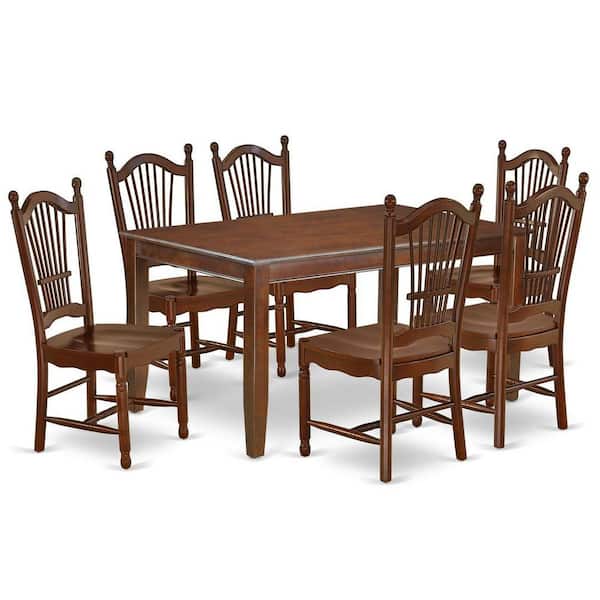 East West Furniture 7-Piece Rectangle Mahogany Finish Solid Wood Top Dining Table with 6 Chairs with Lattice Back