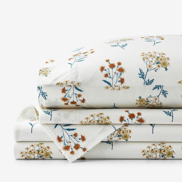 The Company Store Company Cotton White Multi Stem Bouquet Cotton Percale Queen Sheet Set