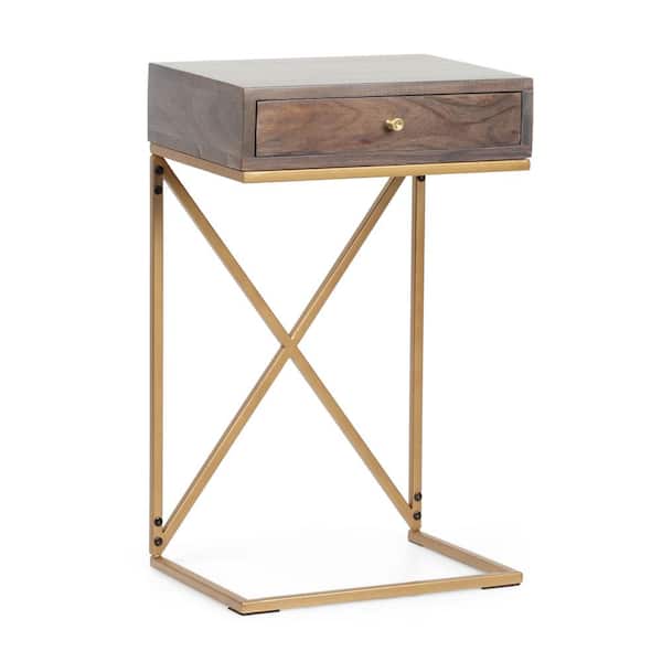 Noble House Maynard 16 in. Dark Brown and Gold C-Shaped Rectangle Wood Side Table