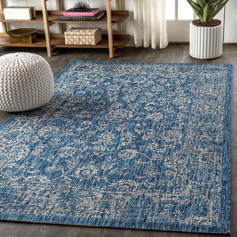 Navy and Gray Floral Synthetic 4' x 6' Reversible Area Rug