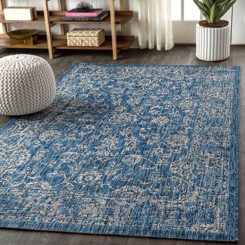 Navy and Gray Synthetic Flat Woven Rectangular Area Rug