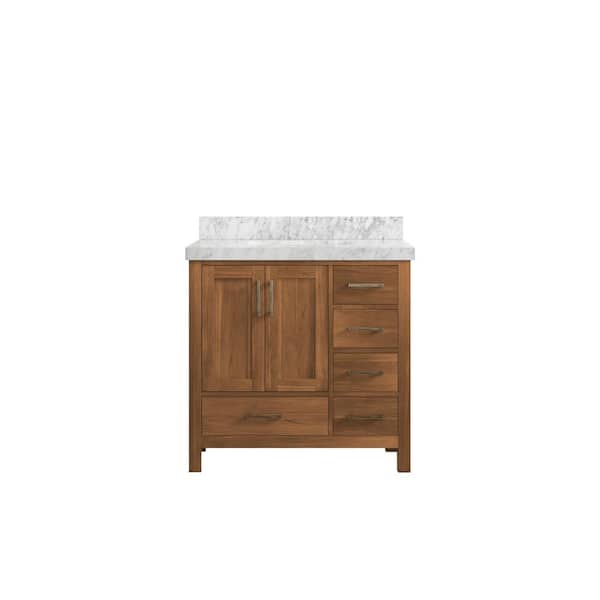 Willow Collections Malibu Teak 36 in. W x 22 in. D x 36 in. H Single Sink Bath Vanity Center in Gold Teak with 2" Carrara Marble Top
