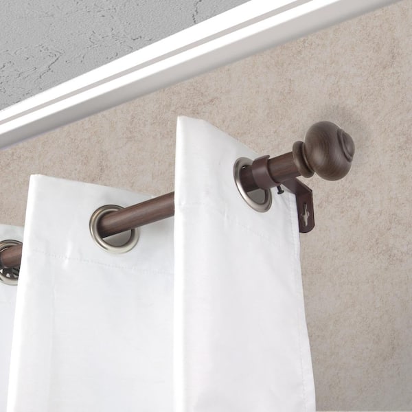 1 inch Adjustable Single Faux Wood Curtain Rod 28-48 inch in Chestnut with Rotunda Finials