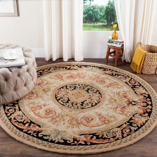 Savonnerie 8 ft. x 8 ft. Round Ivory/Gold Oriental Area Rug
