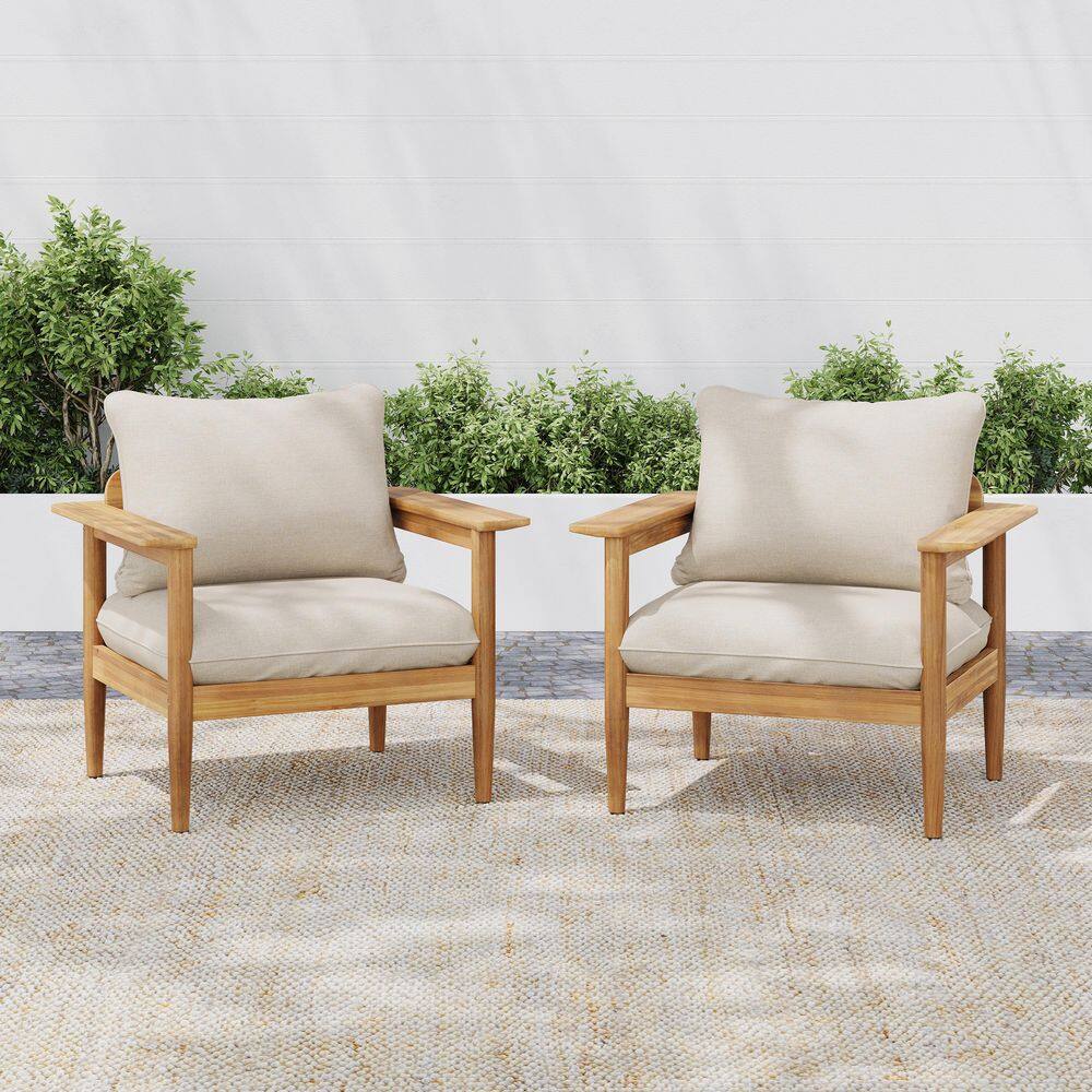 Set of 2 Teak and Beige Terassi Acacia Wood Outdoor Lounge Chair with Armrests and Cushions for Patio, Garden and Deck price history on PriceWatchPro