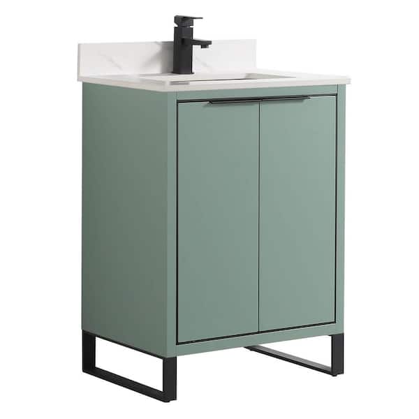 FINE FIXTURES Opulence 24 in. W x 18 in. D x 33.5 in H. Bath Vanity in Mint Green with White Carrara Single Sink Stone Top