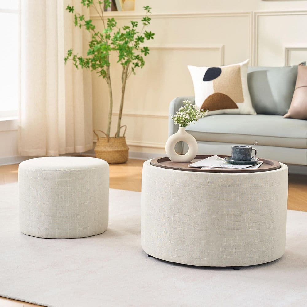 Wendell Modern 22.75 in. and 15.75 in. Beige MDF Round Upholstered Linen Nesting End Tables with Storage
