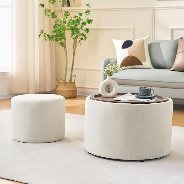 Wendell 22.75 in. and 15.75 in. Beige MDF Wood Round Upholstered Linen Nesting End Tables with Storage, Ottoman