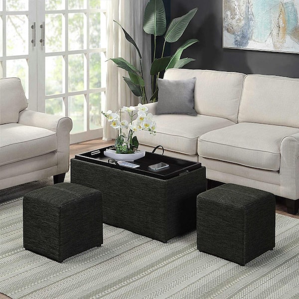 Convenience Concepts Designs4Comfort Sheridan Dark Charcoal Gray Fabric Storage Bench with Reversible Tray and 2-Side Ottomans