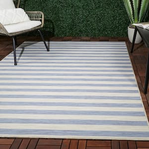 Wright Blue 7 ft. x 9 ft. Striped Reversible Indoor/Outdoor Area Rug