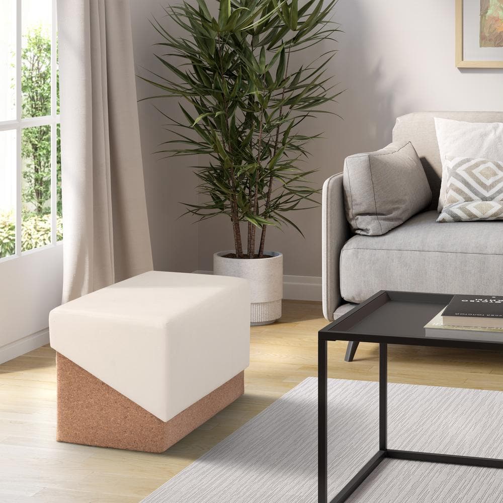 Cream and Cork Fabric Storage Trunk Ottoman with Cushion Top