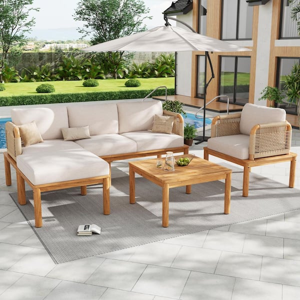 Axel Outdoor 4-Piece Solid Wood and Rope Woven Patio Conversation Set with Beige Cushions, Ottoman, Teak