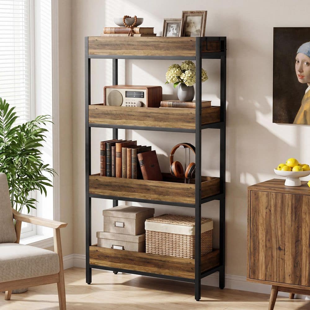 Eulas 55.1 in. Tall Rustic Brown 4-Tier Metal Bookcase with 4 Hooks, Bookshelf Storage Organizer for Living Room, Office price history on PriceWatchPro