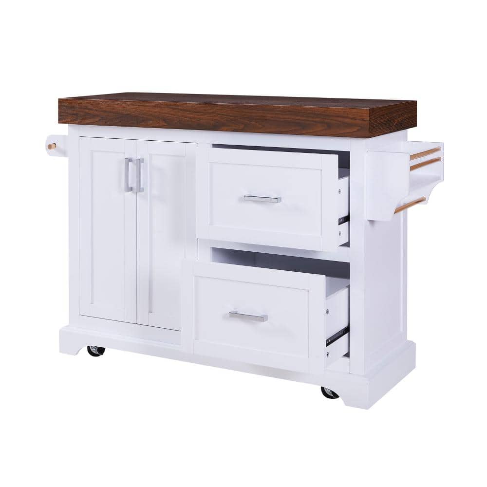 "White Wood 53 in. Rolling Kitchen Island with 2 Drawers, 5 Wheels, 3.5"" Thick Desktop" price history on PriceWatchPro