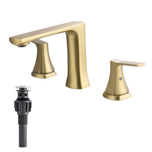 FLG 8 in. Widespread Double Handle Bathroom Faucet with Pop-Up Drain Kit Modern Brass 3 Hole Sink Basin Taps in Brushed Gold